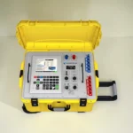 Barfield DPS500NG Front angle view of an opened ADTS 505 Air Data Test Set inside a bright yellow heavy-duty transit case, showing its light-blue control panel with a digital display, numeric keypad, black metal side handles, and a diagram illustrating Pitot (Pt) and Static (Ps) lines on an aircraft nose.