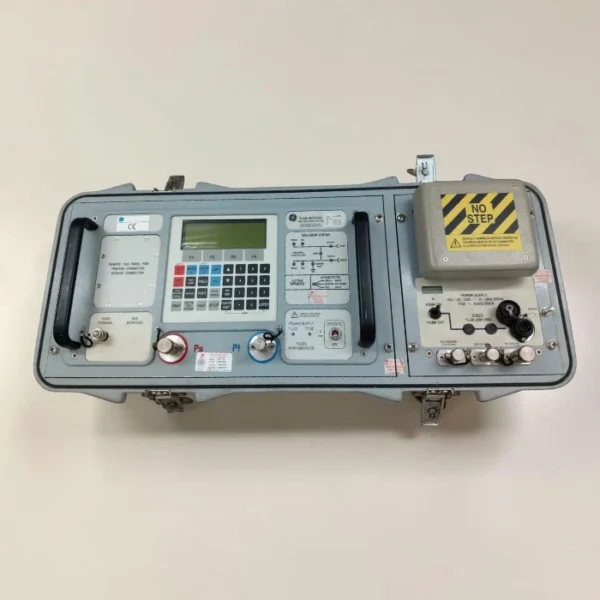 Top-down view of the Druck ADTS 405F Portable Air-Data Test Set front control panel, showing the LCD screen, keypad, Ps and Pt pneumatic ports, and power supply section.