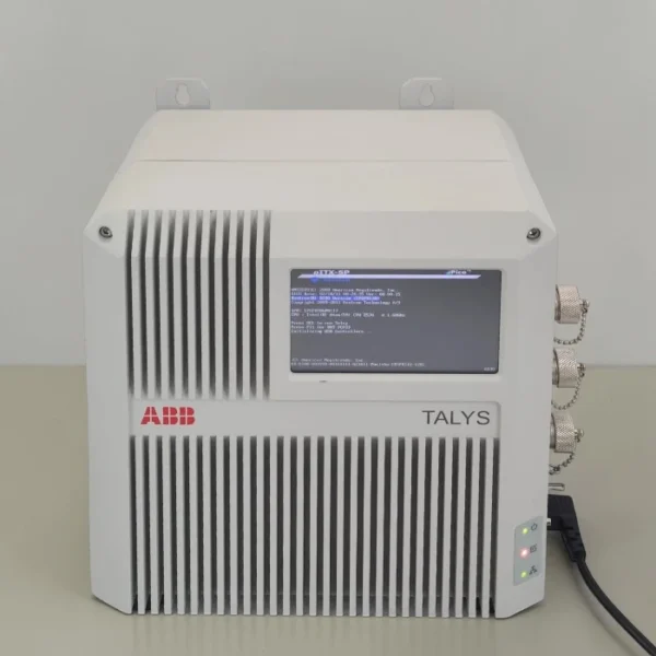 Front view of ABB TALYS wet bath monitoring analyzer unit in white industrial enclosure with integrated display screen and cooling vents.