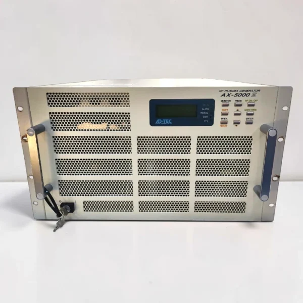 Front panel view of the ADTEC AX-5000 III RF Plasma Generator inside a rackmount enclosure with ventilation grilles, control keypad, and LCD interface screen.