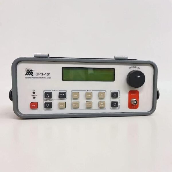 Front panel view of the Aeroflex IFR GPS-101 GPS simulator showcasing the green LCD screen, control navigation keys, black adjustment knob, and the 50 Ohm RF output connector.