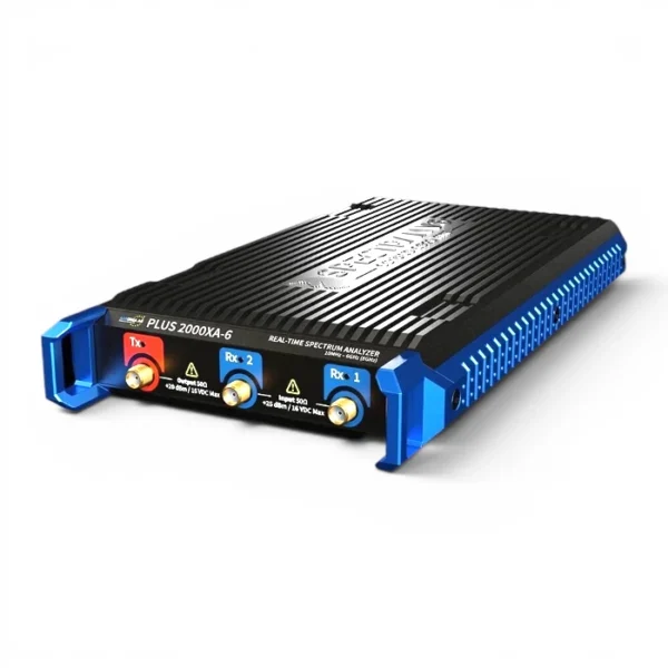 Perspective view of the Aaronia SPECTRAN V6 PLUS 2000XA-6 real-time spectrum analyzer showing the front ports, black ribbed chassis, and bright blue aluminum side bumpers.