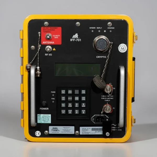 Front panel view of the Aeroflex IFR IFF-701 transponder test set housed in a rugged yellow portable case with a black interface plate, keypad, and status display.