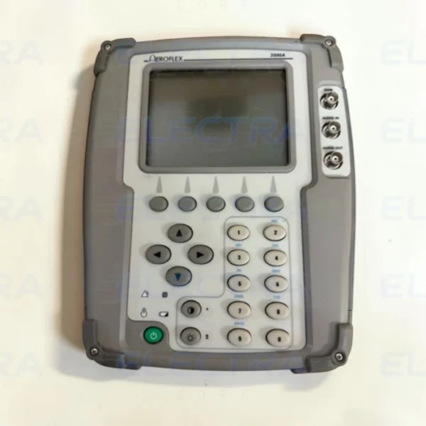 Aeroflex 3500A portable communications radio test set showing the front panel, LCD screen, numeric keypad, directional buttons, and BNC connectors.