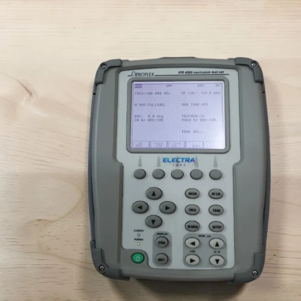 Aeroflex IFR 4000 Nav/Comm avionics test set showing LCD screen and keypad layout for VOR and ILS signal generation.