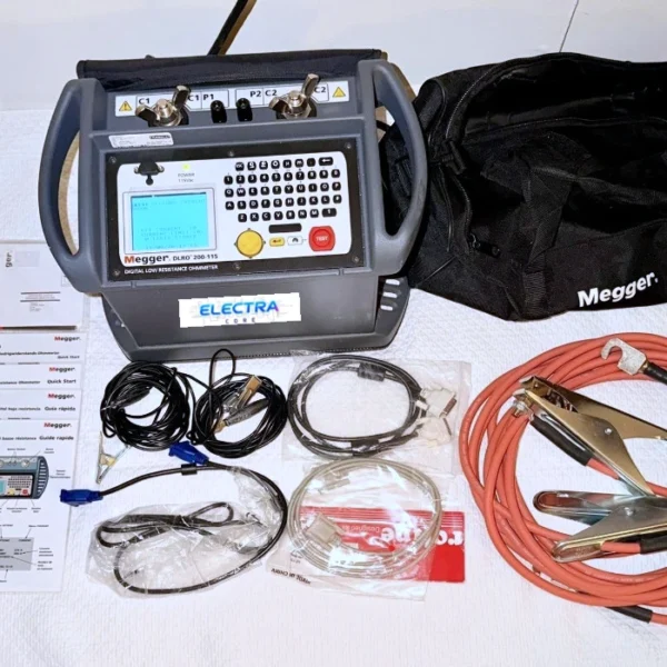 Megger DLRO 200-115 Digital Low Resistance Ohmmeter unit complete with heavy-duty test leads, communication cables, manuals, and a branded carry bag.