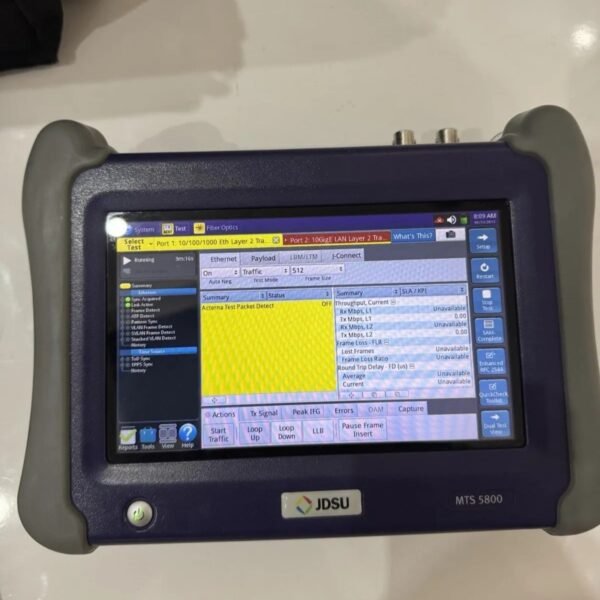 viavi mts 5822p Handheld Network Tester with color touchscreen displaying active 10G Ethernet test results