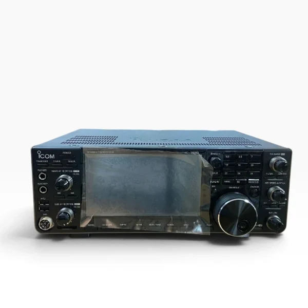 Front view of an Icom IC-7610 HF/50MHz SDR amateur radio transceiver with a large display screen and control knobs on a plain background.