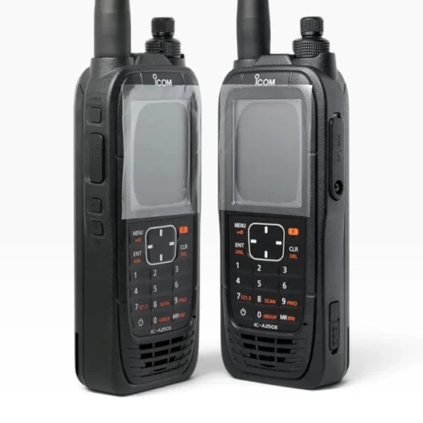 Two Icom IC-A25NE series handheld VHF airband radios standing side-by-side with keypad, control buttons, and screen protective film on a white background.