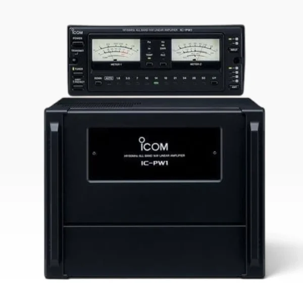Front view of the Icom IC-PW1 HF/50 MHz 1 kW linear amplifier featuring its detachable remote control unit with dual analog meters stacked above the main power supply unit on a white background.