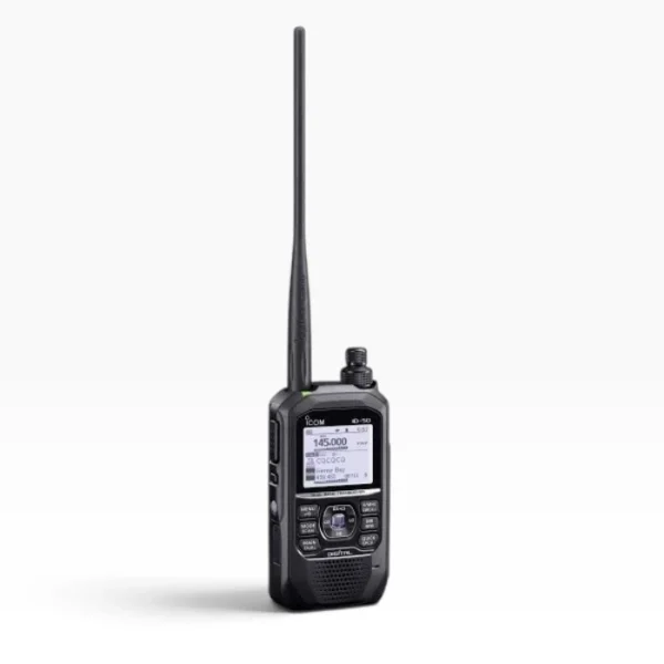 Front perspective view of an Icom ID-50E dual-band VHF/UHF digital handheld transceiver with an attached whip antenna and an illuminated display showing frequency readings on a white background.