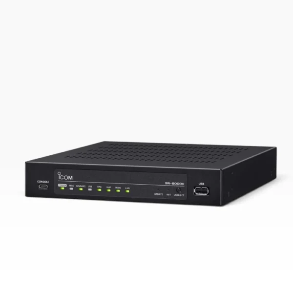 Front perspective view of a black Icom SR-8000V VoIP router server showing LED indicator lights, console port, and USB port on a plain white background.