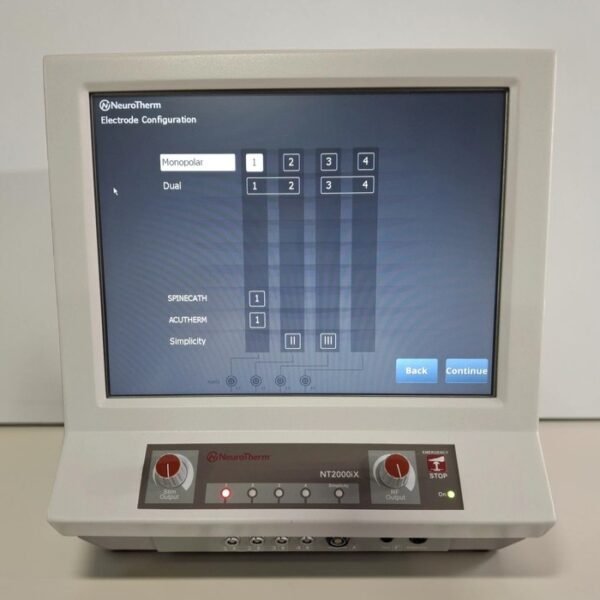 Front view of a white NeuroTherm NT2000iX radiofrequency generator powered on, displaying the electrode configuration screen on its touchscreen.