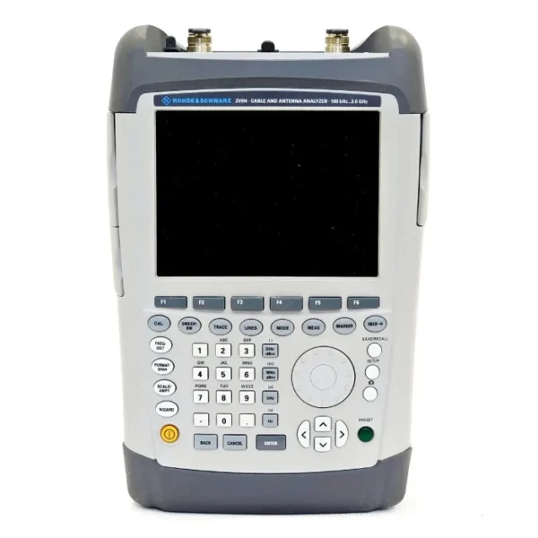 Rohde and Schwarz ZVH4 handheld cable and antenna analyzer unit, front view against a white background. Clearly shows the display, keypad with numbers 0-9, function keys (F1-F6), navigation wheel, and two top RF connectors (N-type) for field testing.